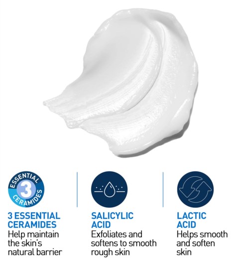 Ein Löffel weiße Creme mit Symbolen für Hautpflegevorteile: Ceramide, Salicylsäure und Milchsäure.