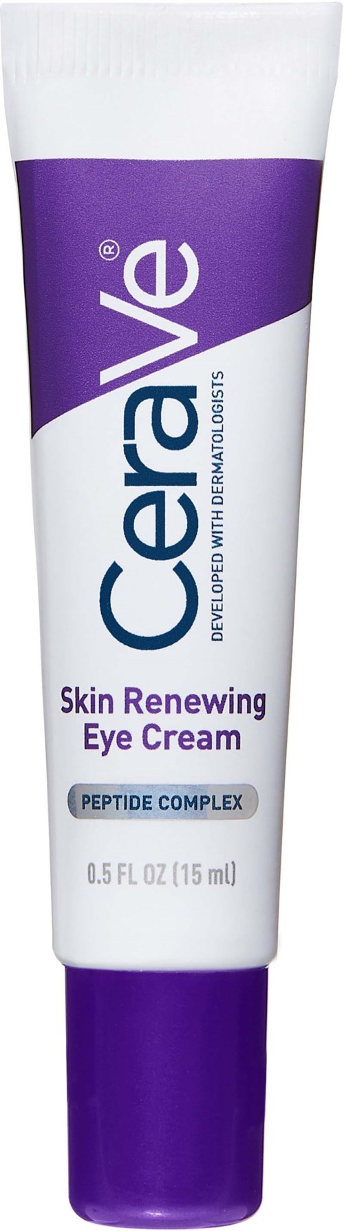 CeraVe Skin Renewing Eye Cream in a purple and white tube with blue text and a purple cap.