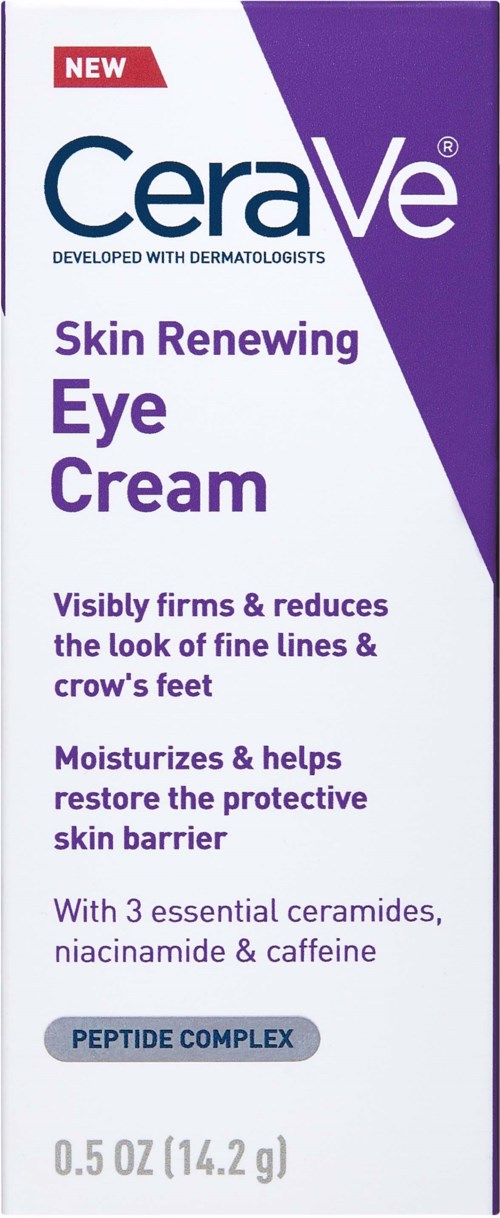 A box of CeraVe Skin Renewing Eye Cream, highlighting firming, reducing fine lines, and containing ceramides, niacinamide, and caffeine.