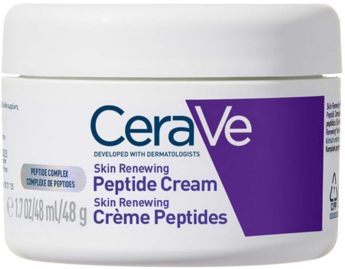 A white jar of CeraVe Skin Renewing Peptide Cream with purple and blue label.