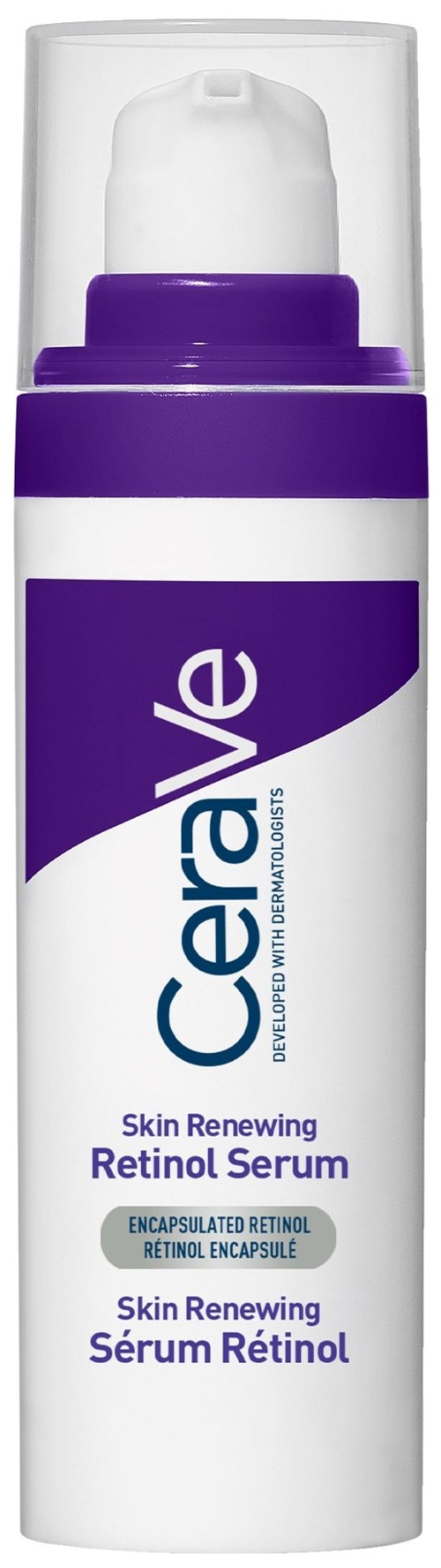 Een witte fles met paarse dop, gemarkeerd 'CeraVe' en 'Skin Renewing Retinol Serum'.