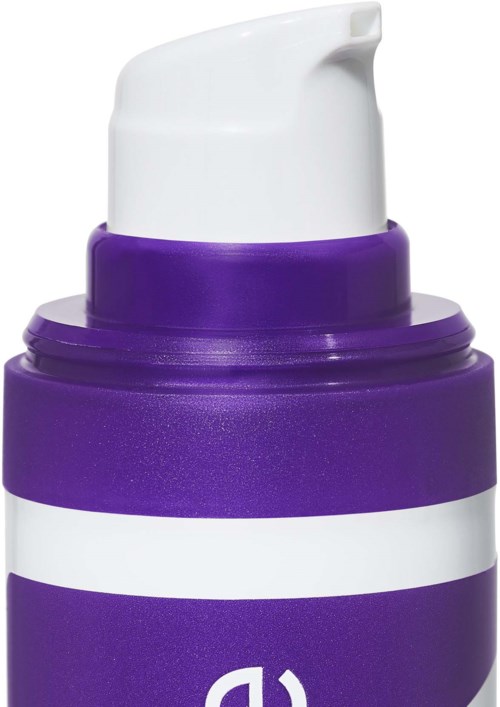 Paars fles met witte pomp en witte streep, waarschijnlijk voor lotion of vloeibare zeep.