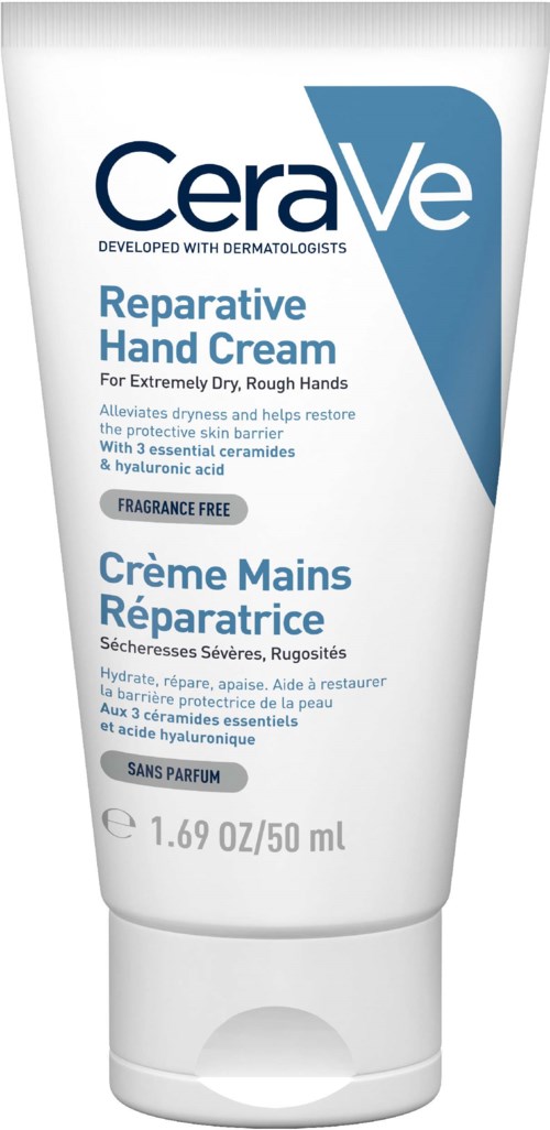 Tube CeraVe handcrème met blauwe en witte verpakking, geschikt voor zeer droge en ruwe huid, geurvrij, met ceramiden en hyaluronzuur.