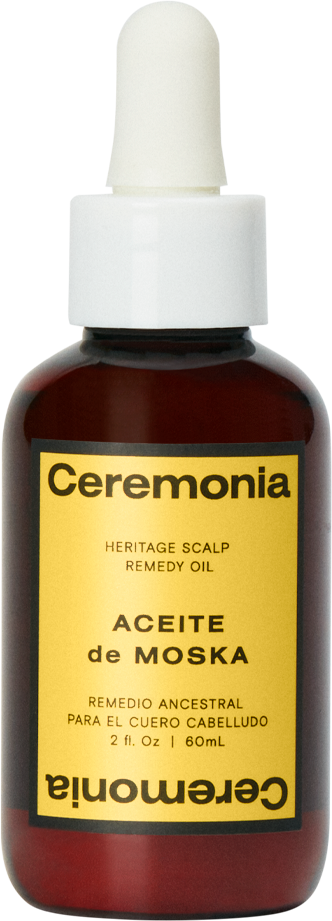 A small brown bottle with a white dropper cap, labeled Ceremonia scalp remedy oil, 60ml.