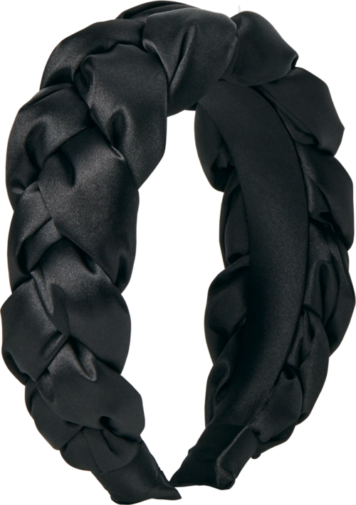 En svart satinkransad hårband med flätad, vriden design. Slät, glänsande tyg, enkel och elegant accessoar.
