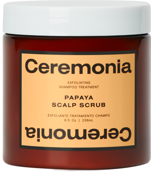 ruskea purkki, jossa valkoinen kansi, etiketti kertoo Ceremonia, kuoriva shampoohoito, papaijahuuhteluaine, 8 fl. oz.
