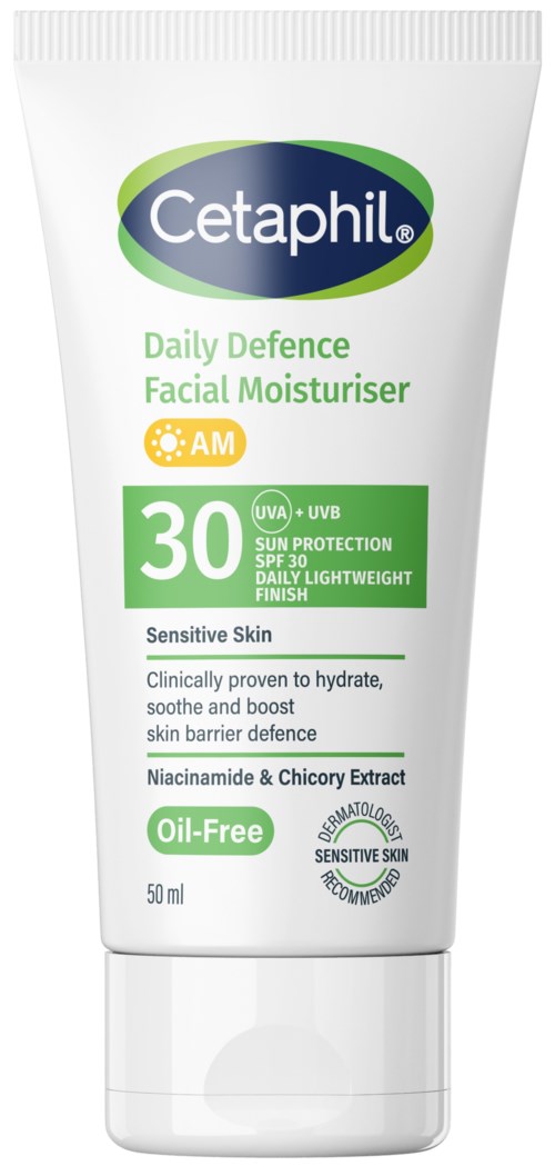 Weiße Tube mit Cetaphil-Moisturizer, grüne und blaue Etiketten, SPF 30, für empfindliche Haut, ölfrei.