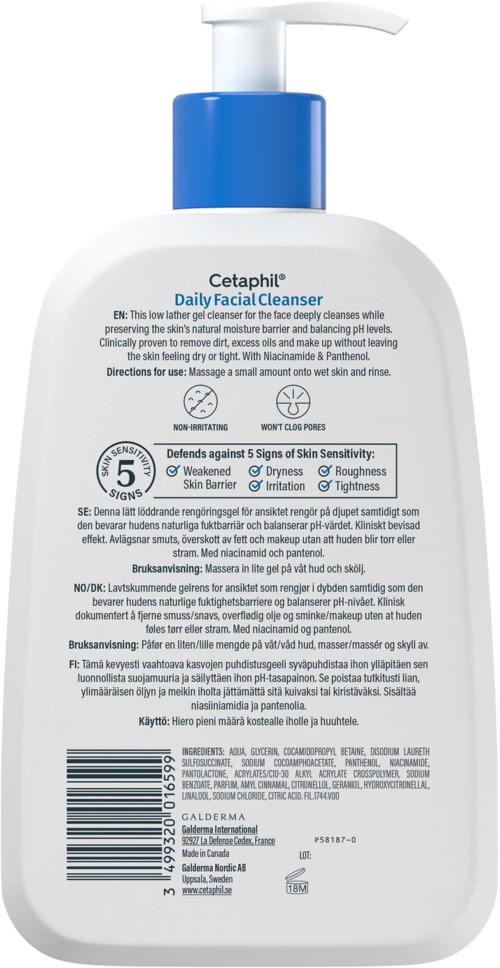 Een witte en blauwe fles Cetaphil Daily Facial Cleanser met instructies en voordelen op de achterkant.