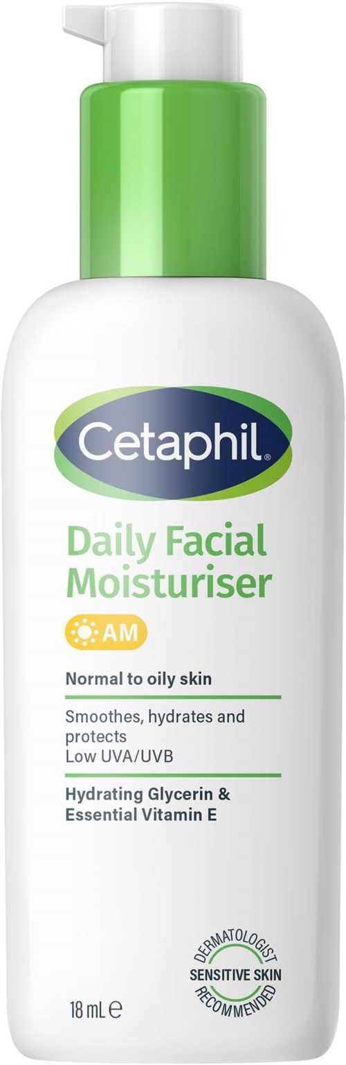 Een witte fles met een groene pomp, gecertificeerd Cetaphil Daily Facial Moisturiser voor normaal tot vette huid.