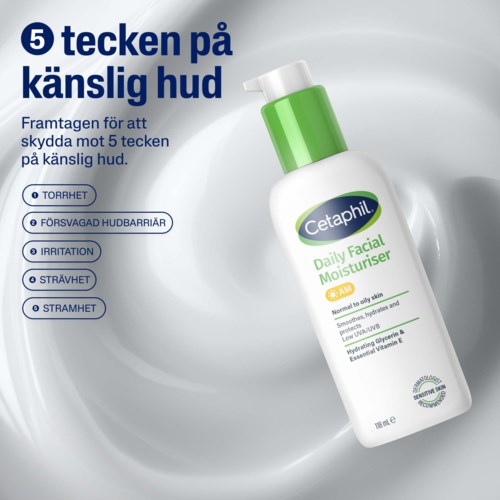 Een fles Cetaphil Daily Facial Moisturizer op een lichte achtergrond. Tekst somt vijf tekenen van gevoelige huid.
