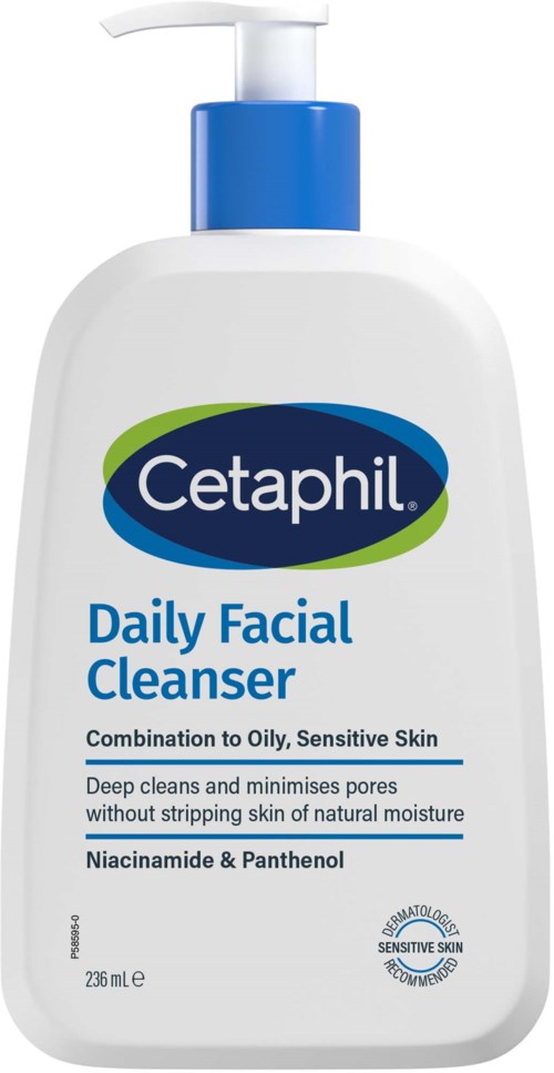 Eine weiße Flasche mit blauer Kappe und Etikett, beschriftet Cetaphil Daily Facial Cleanser für fettige, empfindliche Haut.
