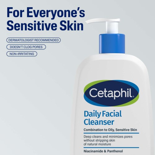 Eine Flasche Cetaphil Daily Facial Cleanser für empfindliche Haut, mit Informationen zu Vorteilen und Inhaltsstoffen.