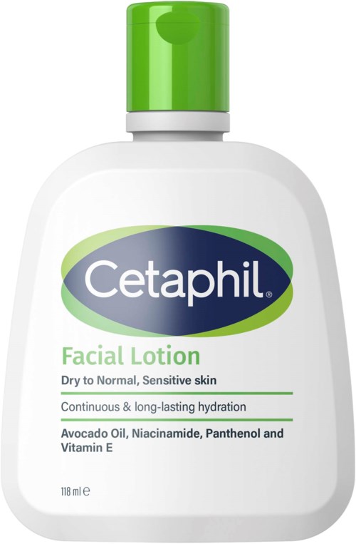 Een witte fles met groene dop bevat Cetaphil gezichtscrème voor gevoelige huid met avocado olie en vitaminen.