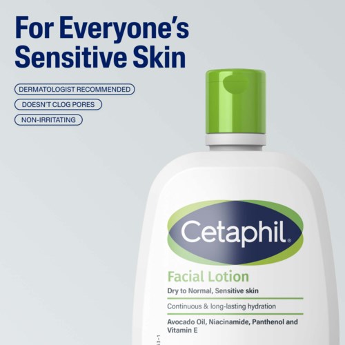 Cetaphil gezichtslotionfles met labels die voordelen en ingrediënten voor gevoelige huid benadrukken.