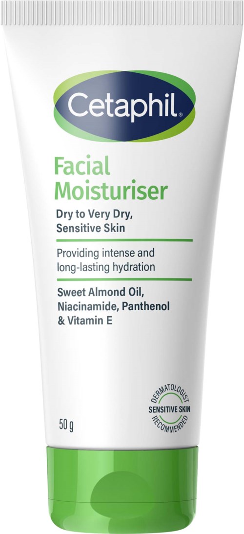 Eine weiße Tube mit Cetaphil Gesichtsfeuchtigkeitscreme mit grünen Akzenten, für sehr trockene empfindliche Haut, mit wichtigen Inhaltsstoffen.
