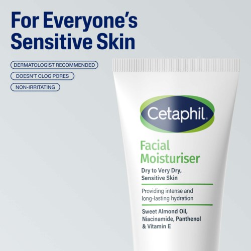 Eine Tube Cetaphil Gesichtsfeuchtigkeitscreme für empfindliche Haut mit wichtigen Vorteilen.