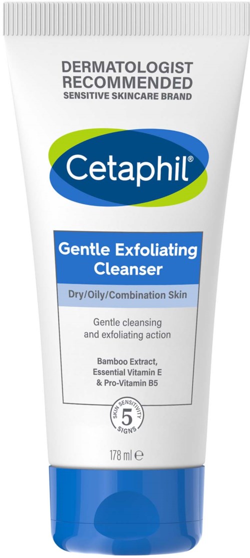 Eine weiße Tube Cetaphil Gentle Exfoliating Cleanser für trockene/ölige Haut mit blauen und grünen Akzenten.