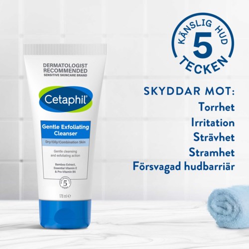 Sanfte Peeling-Reiniger für trockene, fettige und Mischhaut mit 5 Hautschutzzeichen, in weißer Tube.