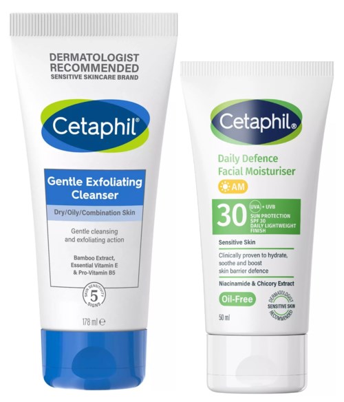 Zwei Tuben Cetaphil Hautpflegeprodukte, eine für sanfte Reinigung und Peeling, andere für tägliche Feuchtigkeitszufuhr mit Sonnenschutz.