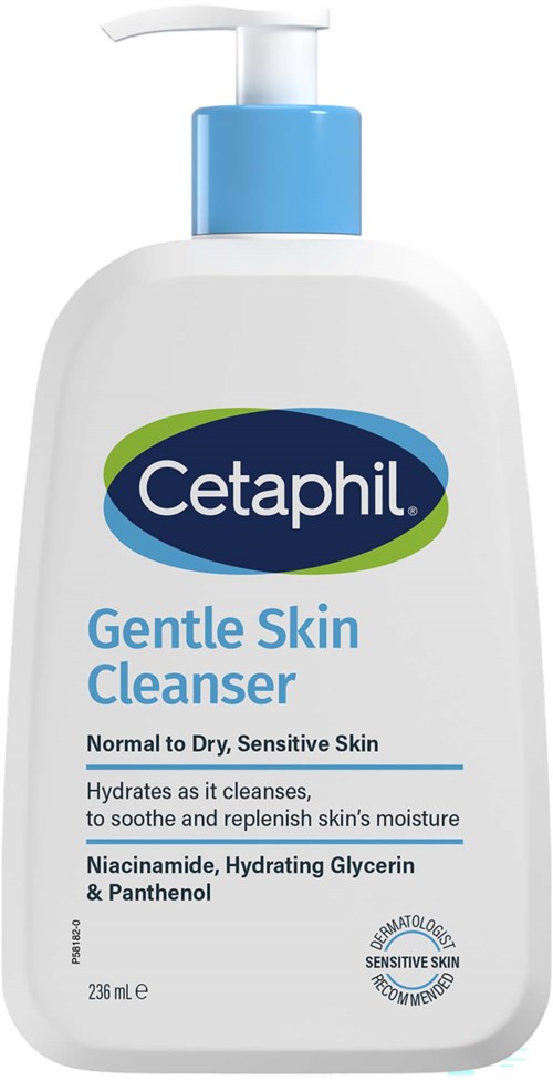Eine weiße Flasche mit blauer Pumpe, gekennzeichnet mit Cetaphil Gentle Skin Cleanser für empfindliche Haut, mit Text und Logo.