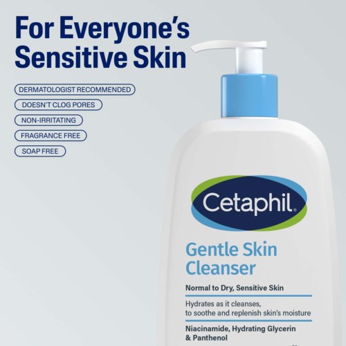 Eine Flasche Cetaphil Gentle Skin Cleanser für empfindliche Haut mit Vorteilen auf der Seite.