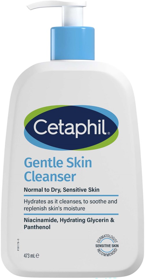 A white bottle with a blue pump labeled Cetaphil Gentle Skin Cleanser for sensitive skin, holds 473 mL.