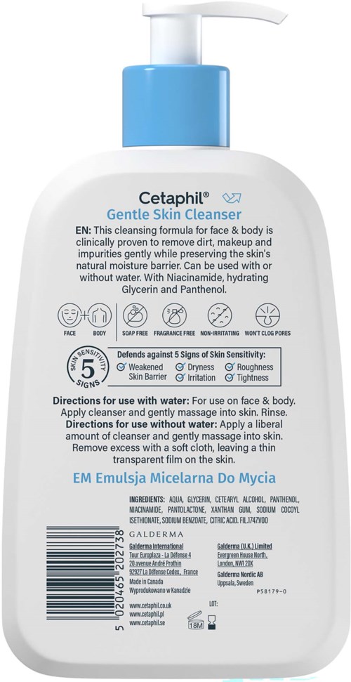 A white and blue bottle labeled Cetaphil Gentle Skin Cleanser with instructions and ingredients.