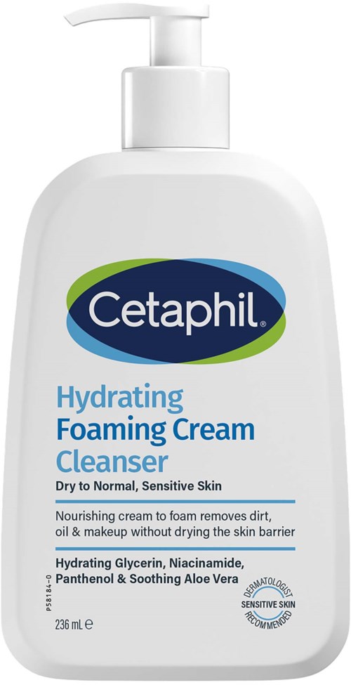 Een witte fles met Cetaphil Hydrating Foaming Cream Cleanser voor gevoelige huid.