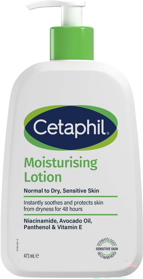 Eine weiße Flasche mit Cetaphil feuchtigkeitsspendende Lotion mit grünem Pumpen, für normale bis empfindliche Haut.