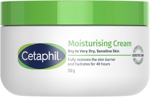 Ein weißer Behälter mit Cetaphil Feuchtigkeitscreme, grüner Deckel, für sehr trockene, empfindliche Haut, hält 48 Stunden.