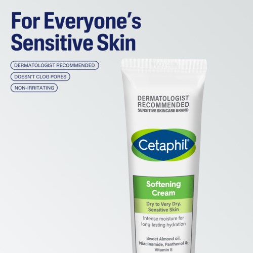 Een tube Cetaphil verzachtende crème voor gevoelige, droge huid met voordelen zoals niet irriterend en niet verstoppen van poriën.