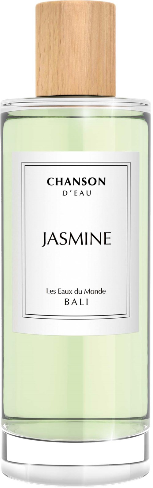 Een heldere glazen fles met een houten deksel, gevuld met lichtgroene vloeistof, gelabeld 'Jasmine' en 'Chanson d'eau'.