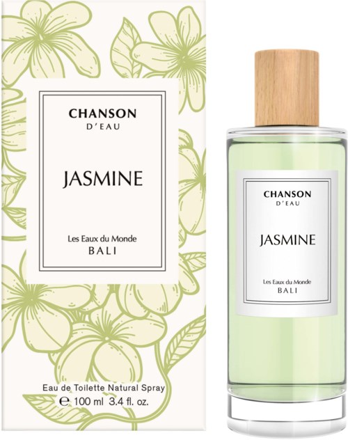 Een jasmijngeurflacon en doos met groene bloemendecoratie en zwarte tekst, gelabeld Chanson d'Eau uit Bali.
