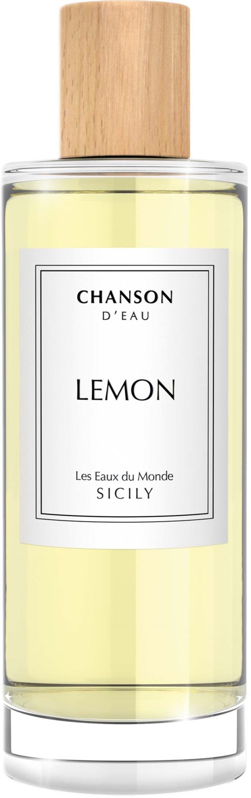 Een doorzichtige fles met houten dop, gemarkeerd 'Lemon' en ruikt naar citroen, uit Sicilië.