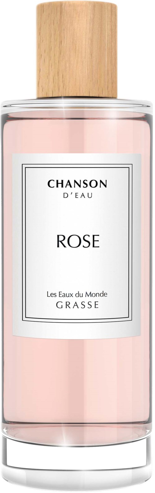 Een roze parfumfles met houten dop en een eenvoudige witte label met de tekst "ROSE".