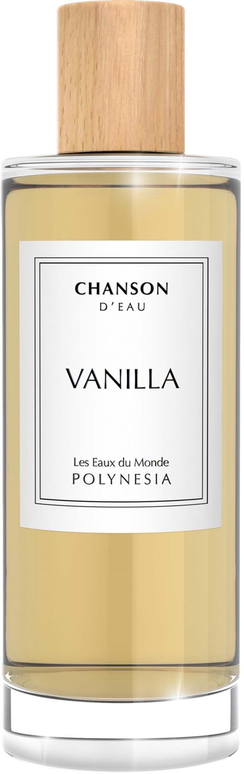 Een lange, transparante fles met houten dop, gevuld met vanillegeurige vloeistof. Het label zegt "VANILLA" en "POLYNESIA."