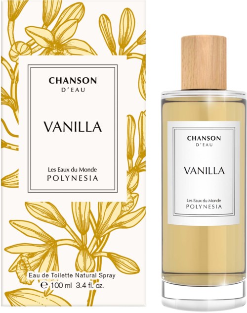Een parfumbus met witte label en houten dop, naast de verpakking met plantillustraties.