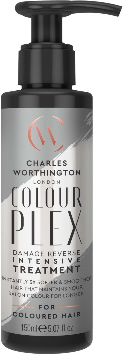 Een zwarte fles met pomp bevat Charles Worthington Colour Plex-behandeling voor gekleurd haar, 150 ml.