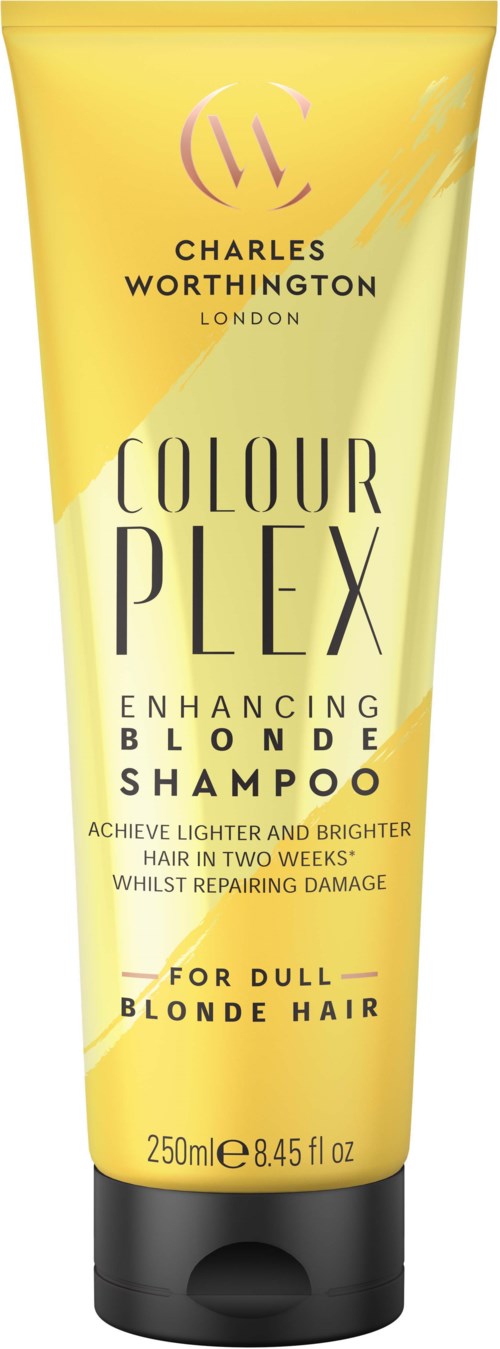 Een gele fles van Charles Worthington Colour Plex die blonde haar versterkt.