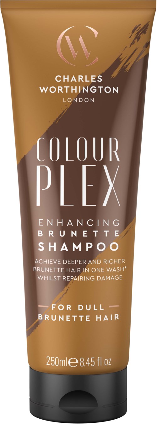 Een fles Charles Worthington Colourplex Brunette Shampoo voor dof, bruin haar, 250ml, bruin en zwart.