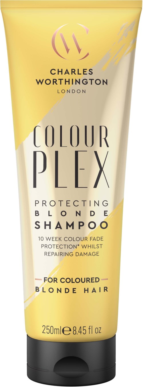 Een gele en zilveren tube Charles Worthington Colour Plex shampoo voor blond haar, met zwarte dop.