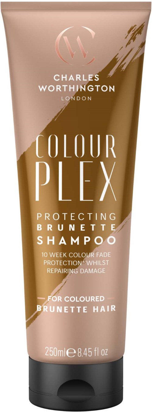 Een flesje Charles Worthington Colour Plex Protecting Brunette Shampoo voor gekleurd bruin haar, 250 ml.