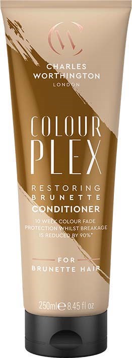 Een tube van Charles Worthington Colour Plex conditioner voor Brunettes. Het heeft een beige en bruin ontwerp met tekstdetails.