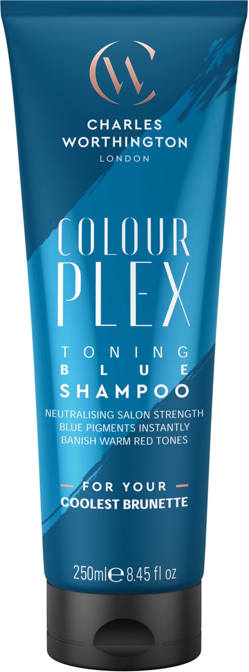 Blauwe shampoefles met witte en roze tekst, bedoeld voor blondines. Van Charles Worthington London.