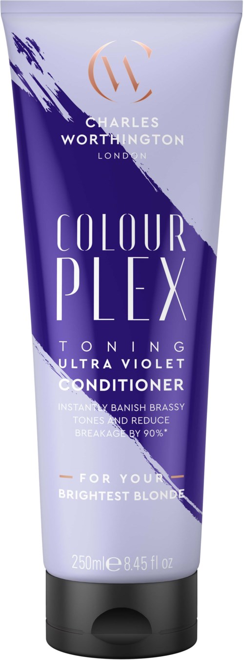 Een tube Charles Worthington Colourplex Toning Ultra Violet Conditioner voor blondines, in paarse en witte verpakking.