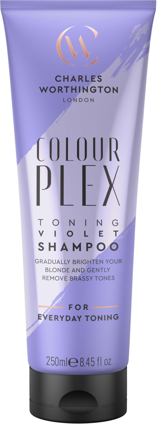 Lavendelkleurige shampogeverpakking met de tekst 'Charles Worthington Colour Plex Toning Violet Shampoo' voor blondines en geelachtige tonen.