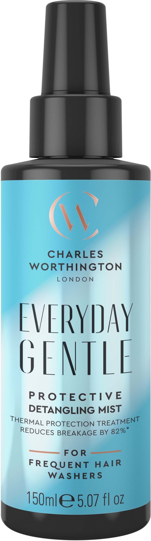 Een blauwe sprayfles met label 'Everyday Gentle' voor haar, met zwarte spraykop, bedoeld voor dagelijks gebruik.