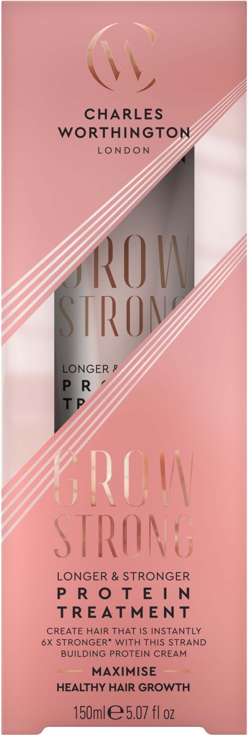 Een roze doos bevat een flesje Charles Worthington Grow Strong eiwitbehandeling voor haargroei.
