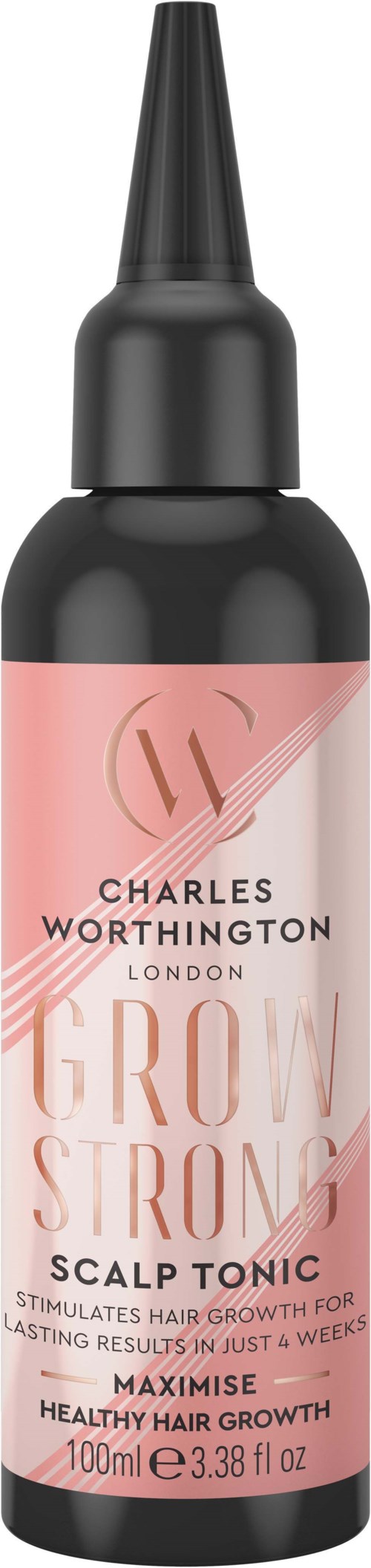 Een zwarte fles met een roze en witte label. Het zegt Charles Worthington London Grow Strong Scalp Tonic voor haargroei.