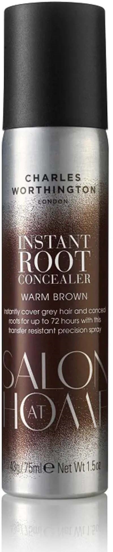 Een busje Charles Worthington Instant Root Concealer in warm bruin, bedoeld om grijs haar en uitgroei direct te bedekken.